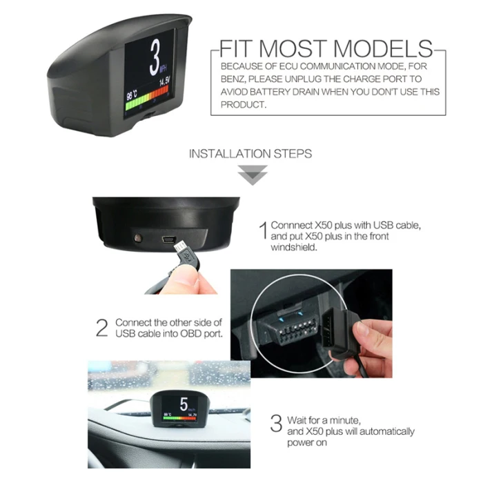 Автомобильный OBD HUD Предупреждение о превышении скорости лобового стекла сигнализация напряжения измеритель температуры DQ-Drop