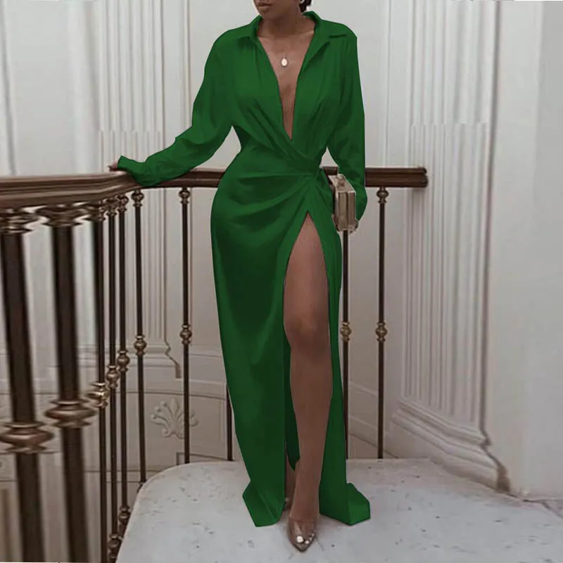 green Lipswag осеннее вечернее платье с отложным воротником и длинным рукавом, женское сексуальное платье с высоким разрезом, женское элегантное платье в пол - Цвет: green