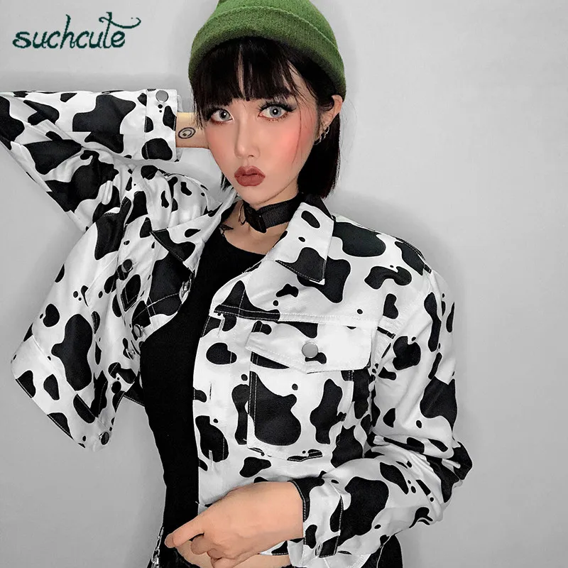 price cut  SUCHCUTE Female Jacket Cow Print Coats For Women Korean Style Modis Longslive Casual Autumn 2019 Bu