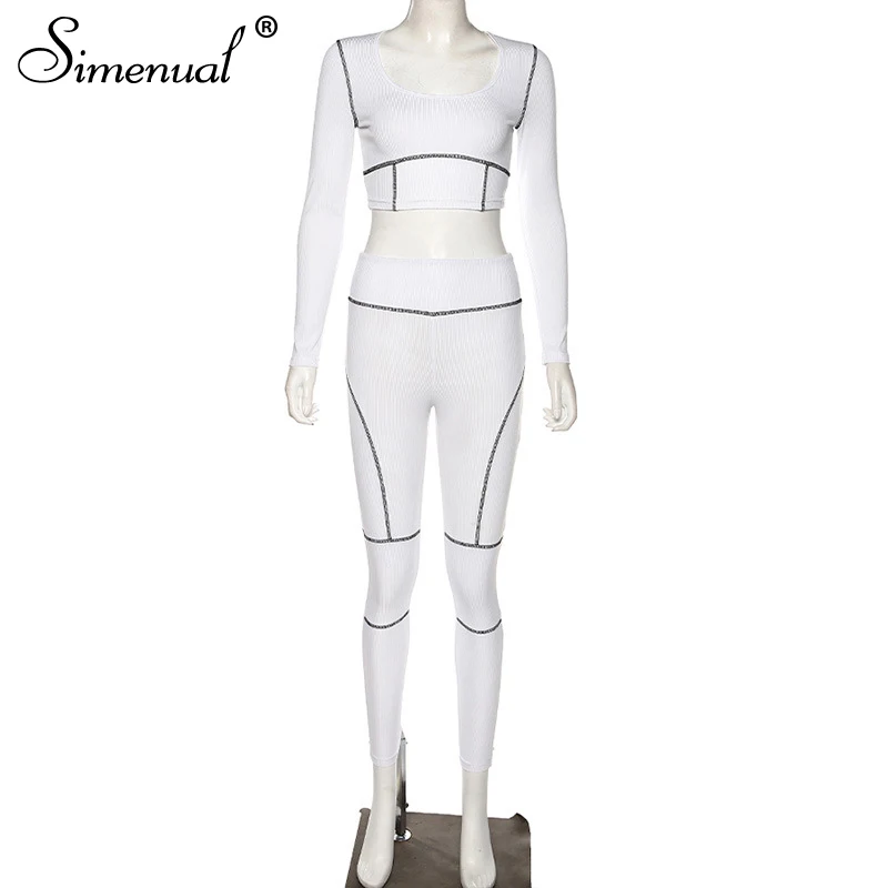 Simenual одежда для тренировок и активного отдыха, одинаковые комплекты для женщин, в полоску, для фитнеса, спортивный комплект из двух предметов, повседневный топ с длинными рукавами и штаны