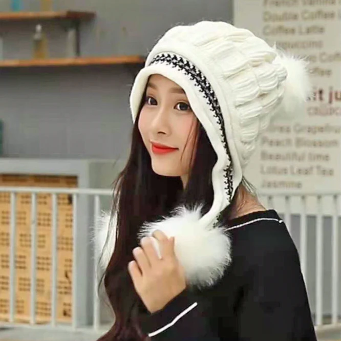 цена Winter Ear Protection Knitted Hat Women Fashion Plush Thickened Girl Outdoor Hat Warm  Ball Bubble Fluffy hat White