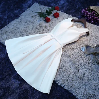 

V Neck White Lace up Short Satin Cloth Bridesmaid Dresses Bride Wedding Party Toast Dress Gown Prom Wholesale Nedime elbisesi