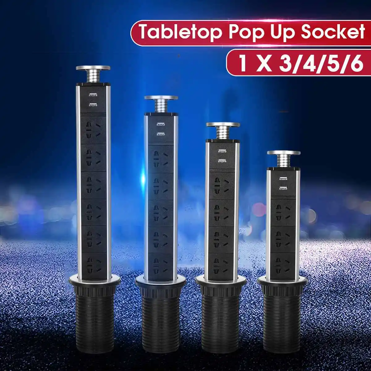 

2500W US Plug Pull pop-up Electrical Socket 3/4/5/6 Power 2 charge USB Aluminum Shelf LED Desk Worktop Extension Table Home