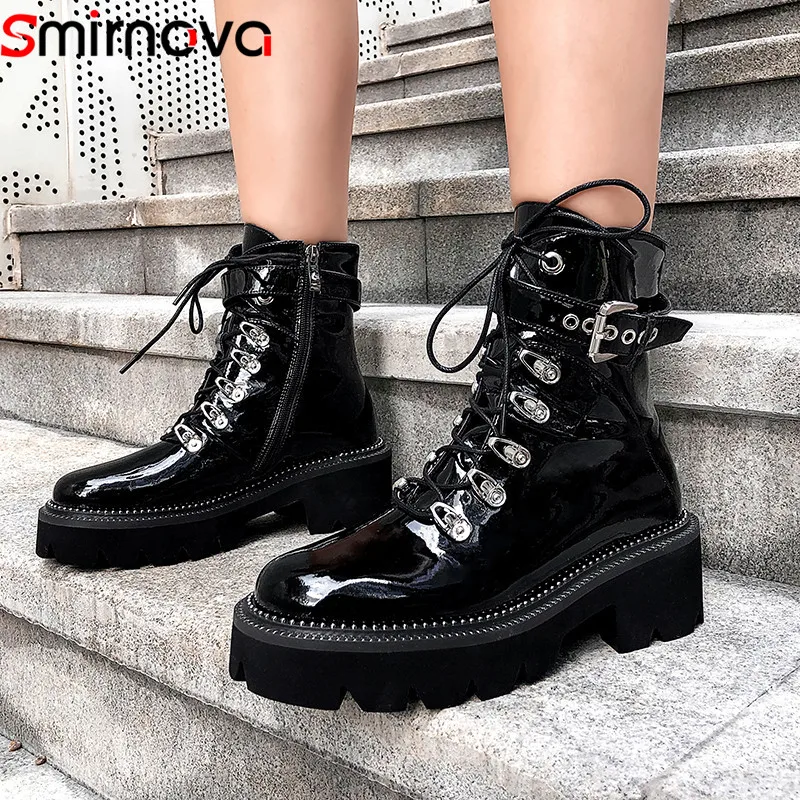 

Smirnova 2020 new arrival patent leather ankle boots women lace up buckle round toe casual shoes woman Motorcycle Boots