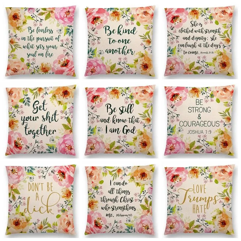 Newest Flowers Leaf Decorative Letters Throw Pillow Case Warm Words Floral Pattern Love Cushion Covers case