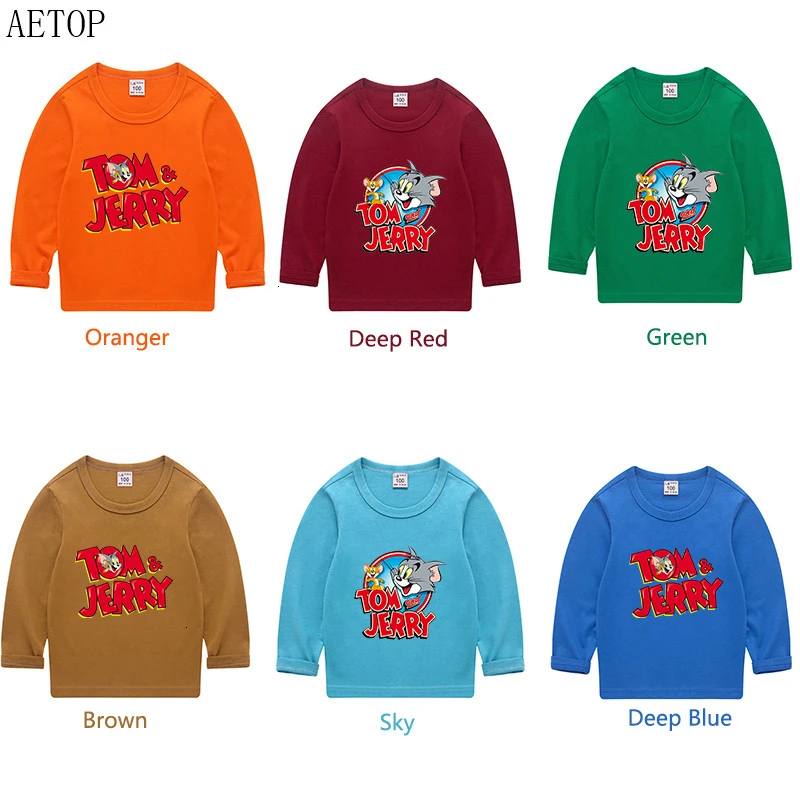 Summer Tom and jerry O-Neck t shirt Tops Boys Girls Funny Splicing color Long sleeve T-shirt Kid Children Cartoon T shirt Baby