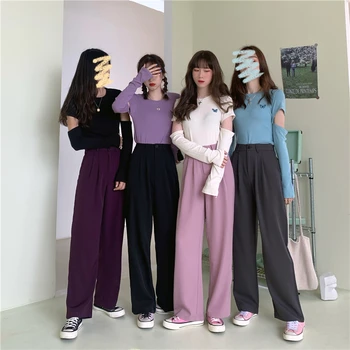 

ZCWXM 2020 Large Size Stylish Women Wide Leg Trousers Solid Leisure High Waist Chic OL Fashion Hot Straight All Match Pants New