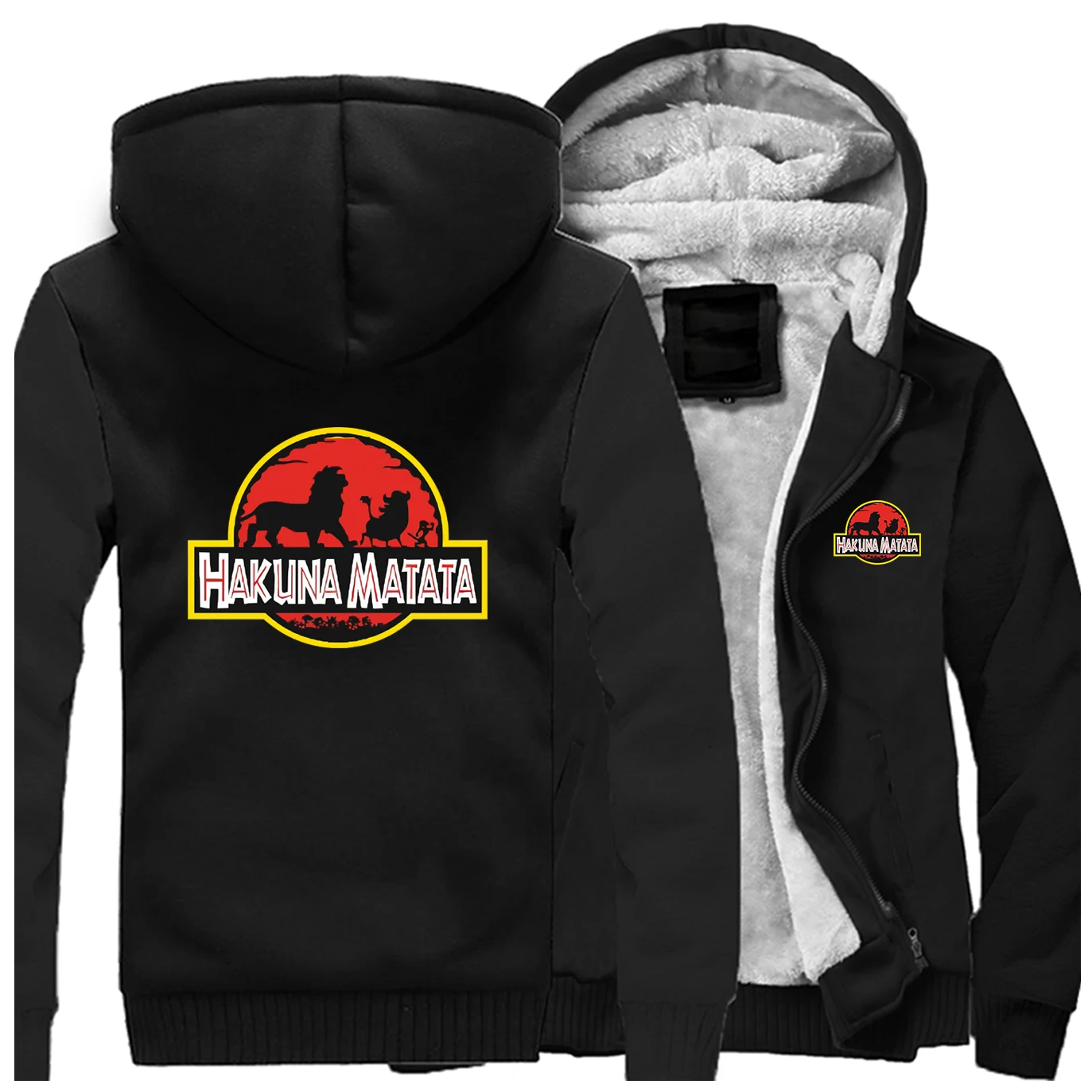 Black HAKUNA MATATA, Мужская Толстая Толстовка с принтом, повседневное пальто,, Зимняя Теплая мужская уличная одежда, мужские толстовки с капюшоном, Harajuku, Король Лев - Цвет: Black