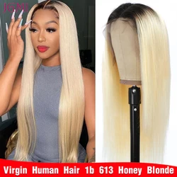 1b 613 Honey Blonde Straight Omber  Black Root 4x4 13x4 Half Lace Frontal Closure Glueless Human Hair Wigs For White Women