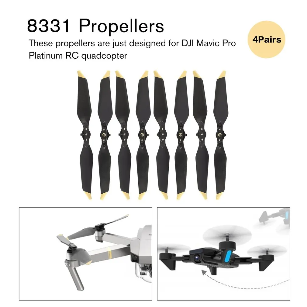 hot! 4 Pairs DJI Mavic Pro Platinum 8331 Low-Noise Quick-Release Propellers Golden and Silver for DJI Mavic pro series in stock
