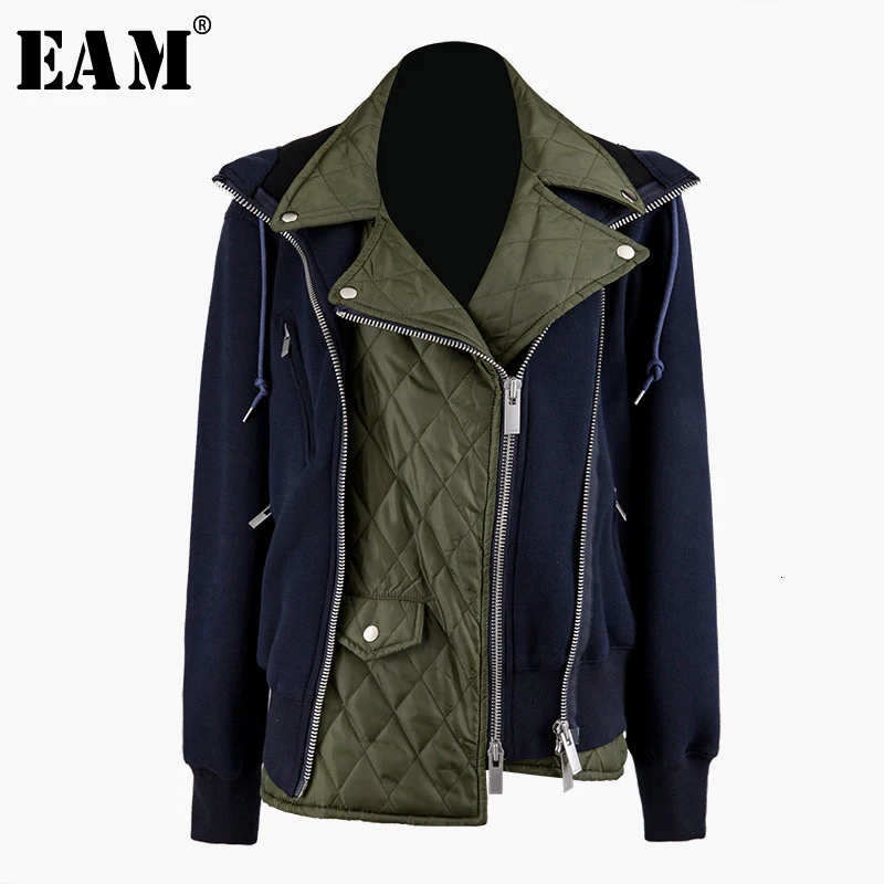 price reduction  [EAM] Loose Fit Blue Contrast Color Split Joint Jacket New Lapel Long Sleeve Women Coat Fashion Tid