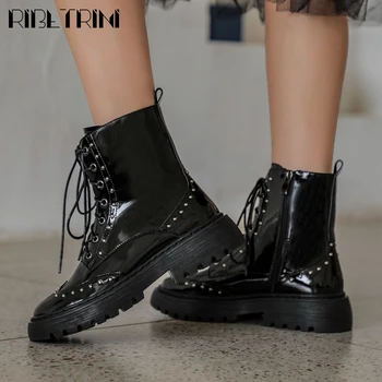 

RIBETRINI Brand New Cool Chic Rivets Shoelaces Skidproof Rubber Sole Motorcycles Boots Fashion Winter Shoes Boots Women