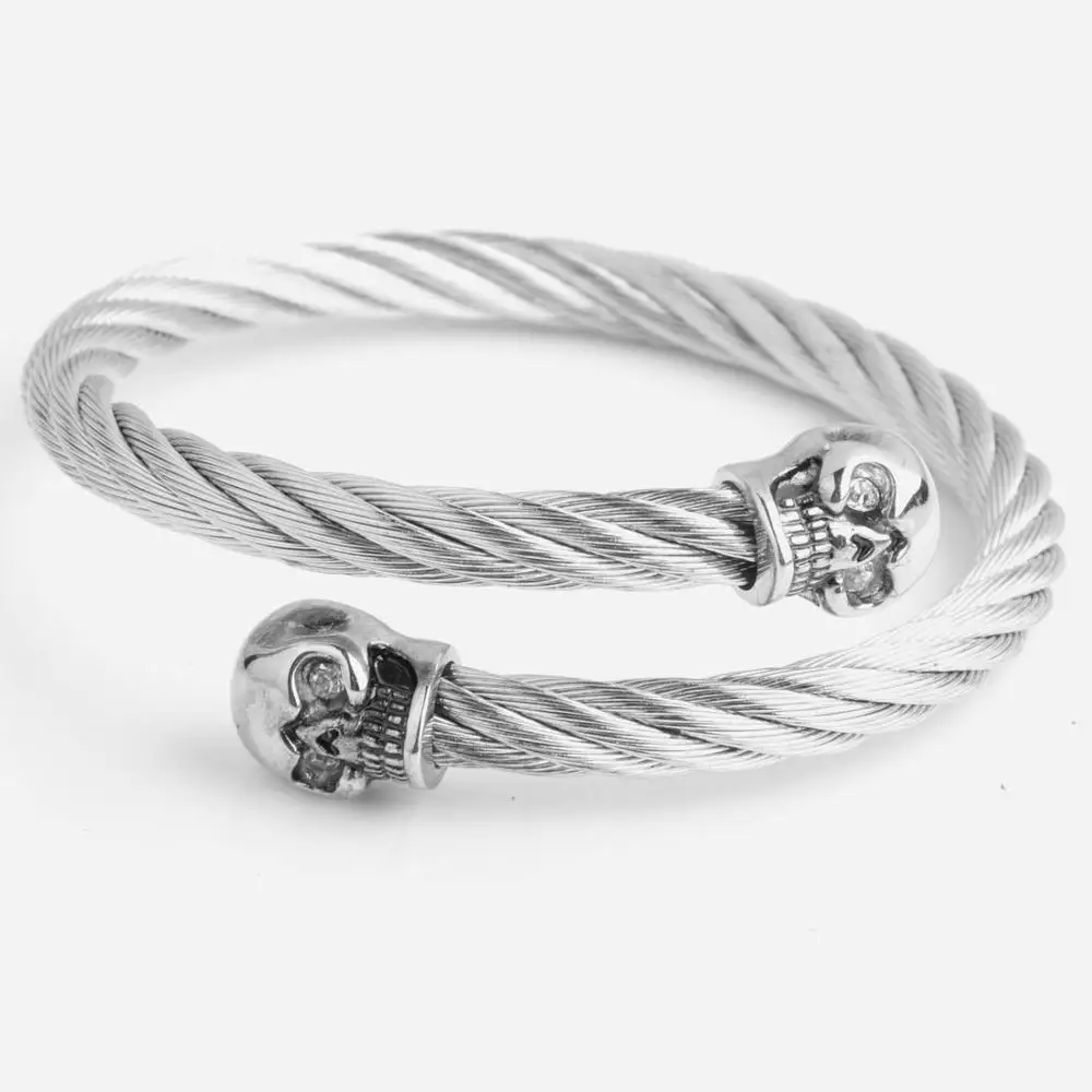 

Fashion Men Women Silver Stainless Steel Skulls Clasp Twisted Silver Color Cable Bangle Cuff Bracelets Pulseiras Jewelry
