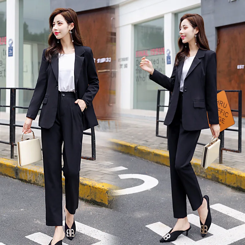 9 Ladies suit autumn new casual fashion single buckle temperament slim suit pants pants suit wild women's two-piece suit - Цвет: 9