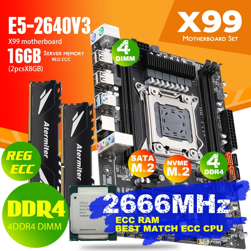 Atermiter X99 D4 DDR4 набор материнских плат с Ксеон E5 2640 V3 LGA2011 3 Процессор 2 шт. X 8 ГБ = 16 Гб