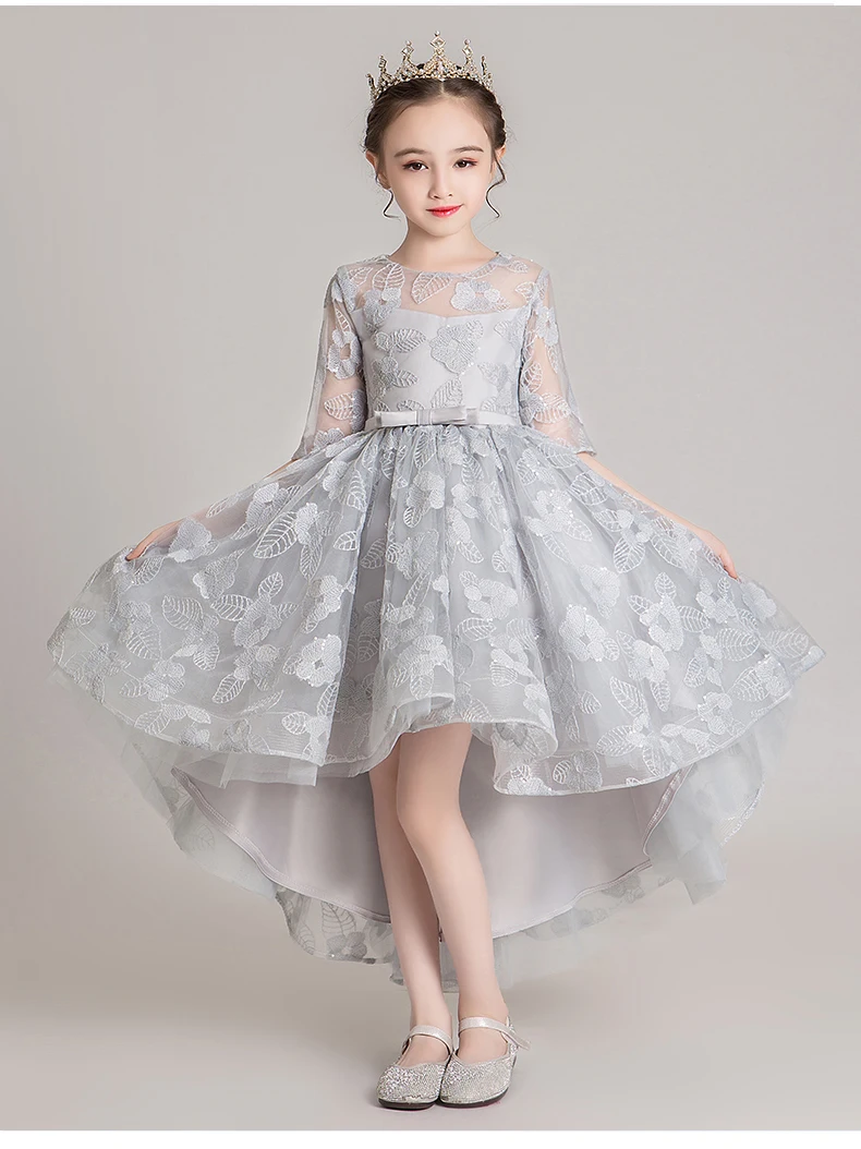 Платье принцессы серебристо-серый с коротким передом и длинной спинкой для девочек в цветочек платья 2019 блестками кружевное, от верха до