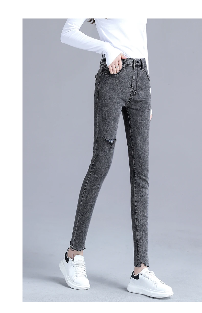 levis 501 Female Korean High Waist Jeans Women'S Winter Elastic Leggings Trousers Spring Autumn Leisure New Slim Pencil Tight Pants Lady buckle jeans