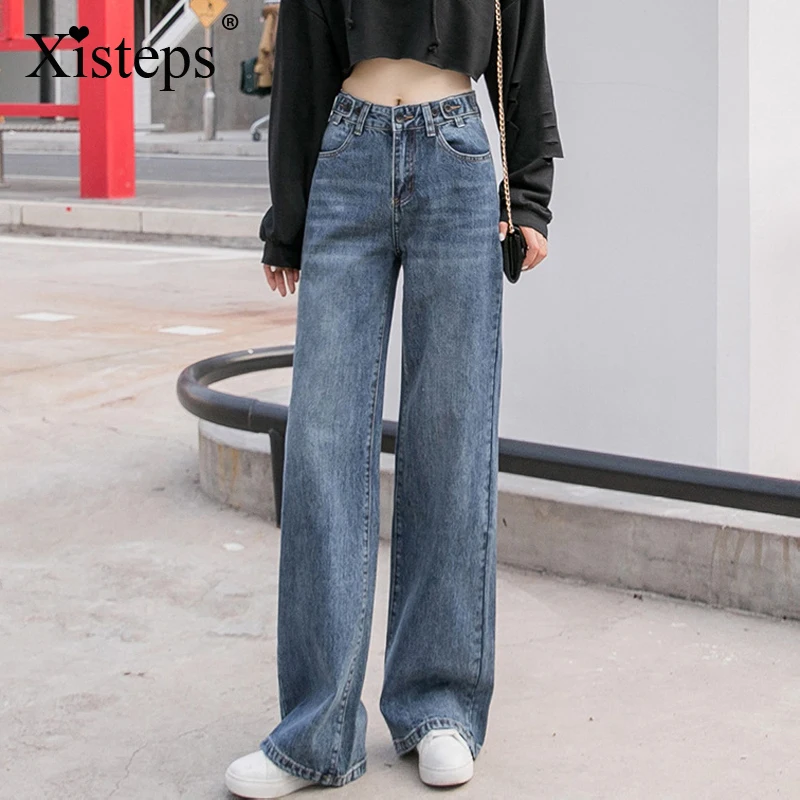 Xisteps Vintage Hoge Taille Lengte Wijde Pijpen Losse Jeans Voor Vrouwen Rechte Lange Broek
