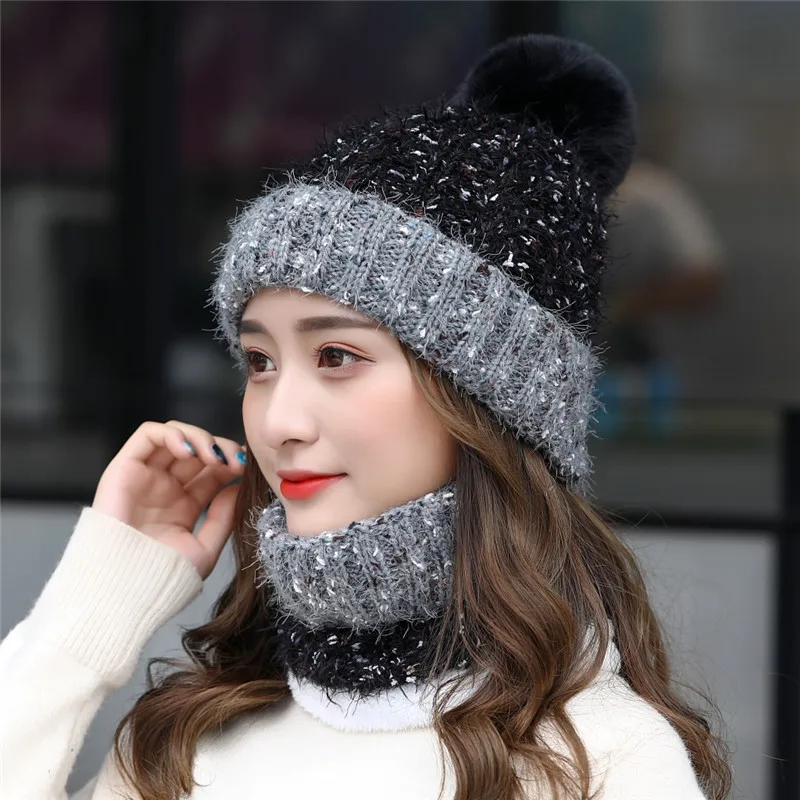 Осенне-зимний женский плюшевый теплый костюм с капюшоном и воротником-хомутом, однотонные вязаные шерстяные шапочки, женский зимний шарф, шапка, комплект