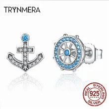 Trynmera 925 Серебряный якорь и руль синие кристаллы серьги-гвоздики для женщин Мода Лодка элемент ювелирных изделий TE082