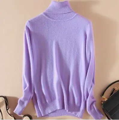 TONFUR Knitted Turtleneck Autumn Winter Sweater Women Match Basic Cashmere Blend Female Solid Turtleneck Collar Pullovers - Цвет: purple