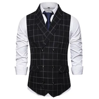 

Men Plaid Suit Vest Black Grey Double-breasted Plus Size Casual Slim Fit Business Sleeveless Vest Dress Casual Male Clothing 3XL