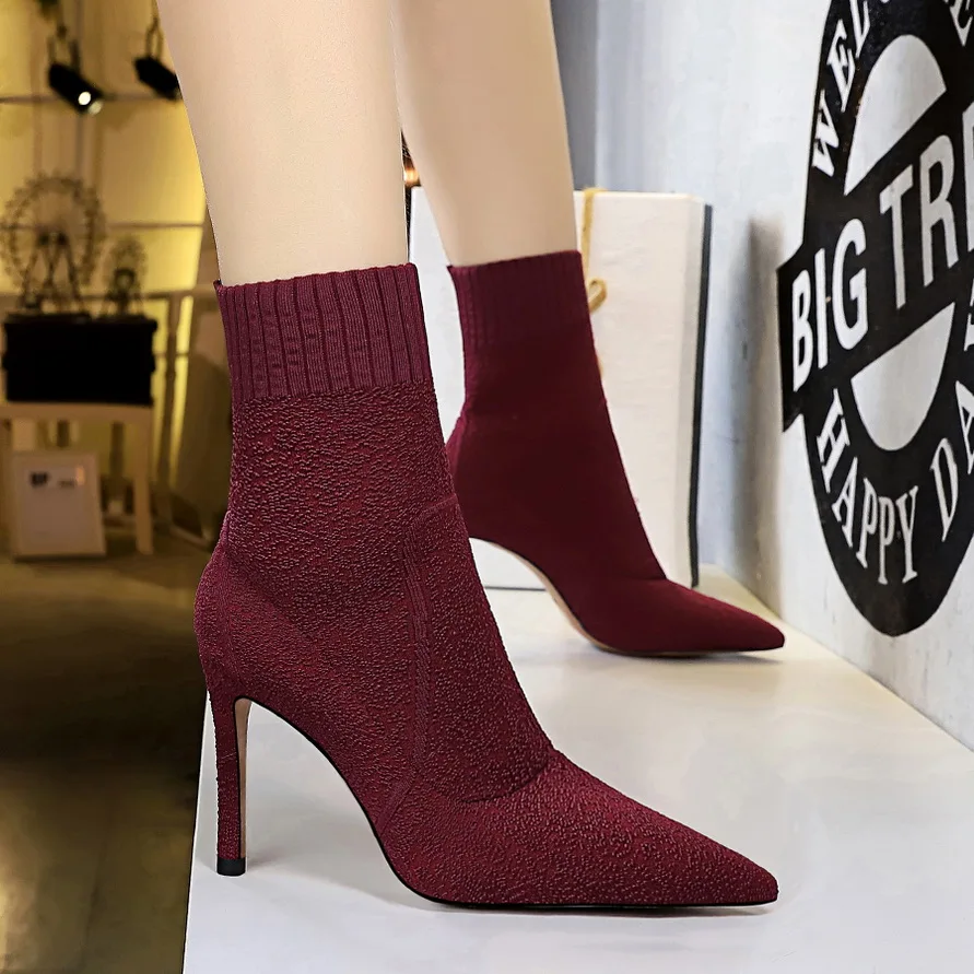 

BIGTREE Sock Booties Black Winter Boots For Girls Women Boots Super High Heels Nightclubs Elastic Luxury Shoes Women Designers