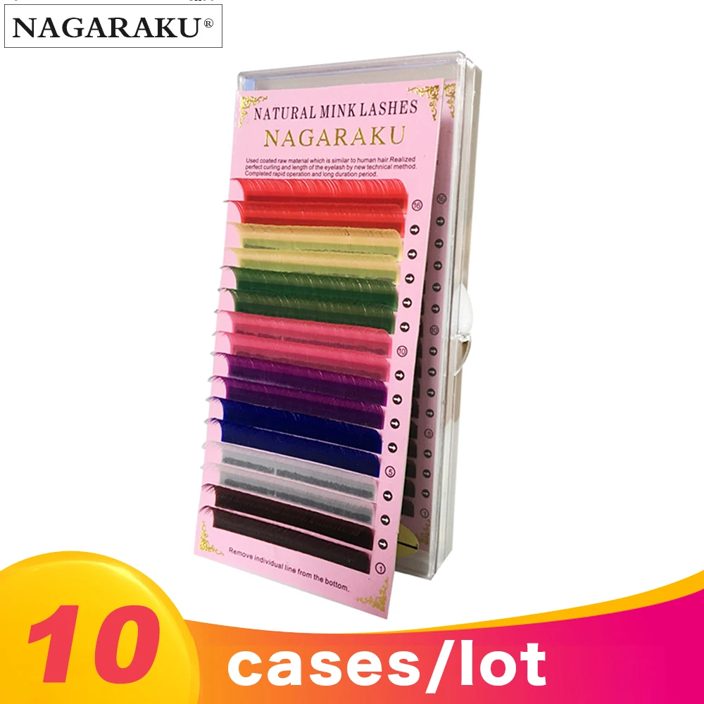 Nagaraku 10 cases 8 Colors 16rows/tray Eyelashes Maquiagem Make up Mink Lashes Rainbow Color Eyelash Soft Cilios Light Natural | Красота и