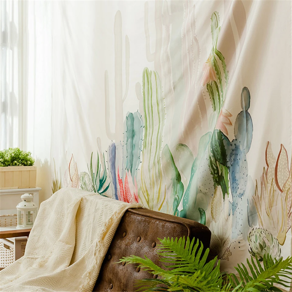 Настенный гобелен с акварелью и КАКТУСОМ зеленые растения богемный декор Ковер