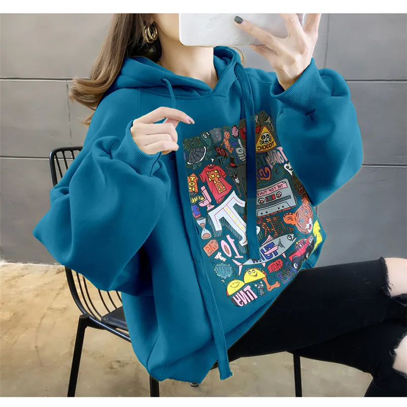 

High Street Knit Hooded Letter Lady Fleece Pullovers Ins Style Add Velvet Thick Woman Hoodies Autumn Winter Clothes