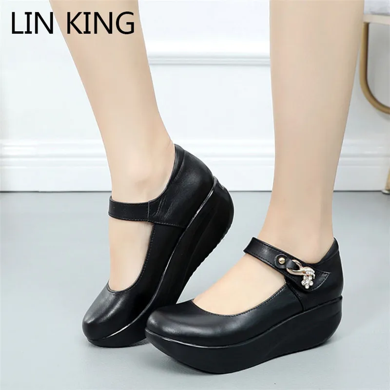 

LIN KING Black Women's Round Toe Pumps Plus Size Woman Wedge Swing Shoes Female Height Increase Plaform High Heel Shoes Big Size