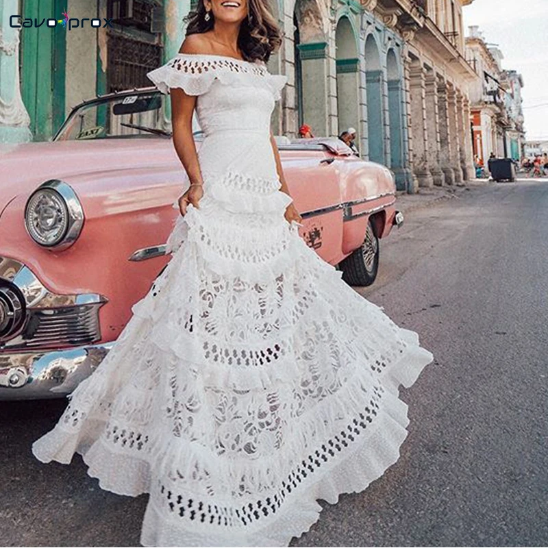 

Women Off Shoulder Cascading Ruffle Design Lace Dress Elegant Vestidos Verano Floor-Length Dresses Woman Party Night