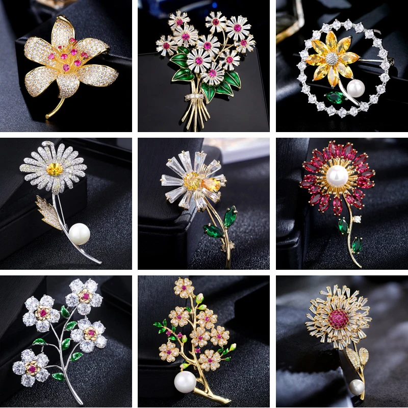 Luxury AAA Zircon Rose Sunflower Dandelion Brooches Pins Jewelry Rhinestone Cubic Zirconias Brooch for Women Wedding Bouquet Pin