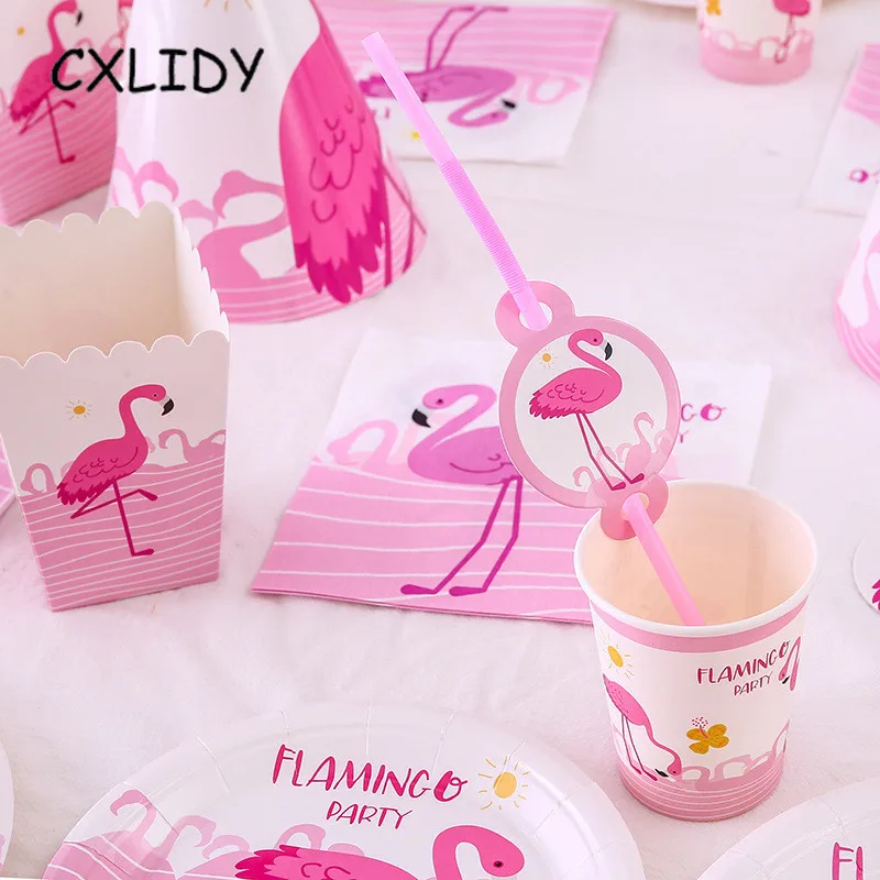 Flamingo Festival Party Set Children's Birthday Decoration Cutlery Set Paper Tray Straw Cup Candy Box Invitation Card qq173 (3)