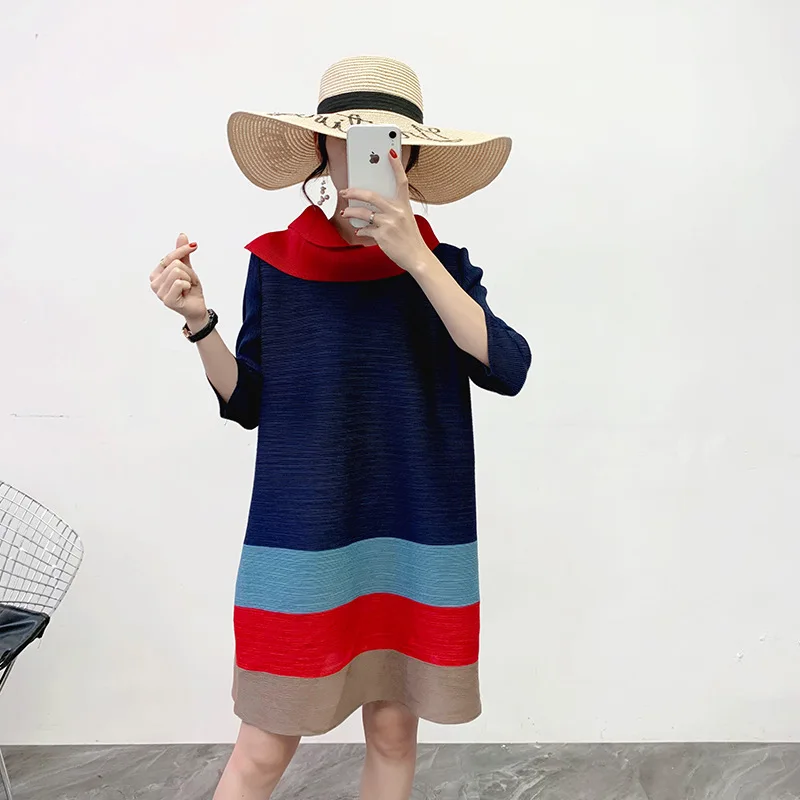 MIYAKE плиссированное платье осень и зима новое контрастное цветное Плиссированное базовое платье тонкое облегающее мясо размер