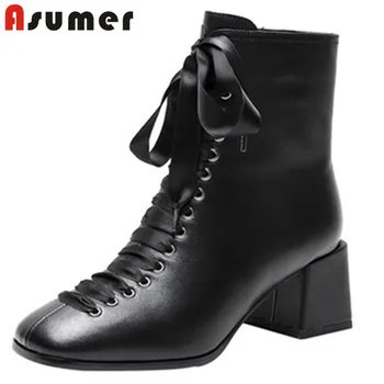 

ASUMER 2020 new arrive party wedding shoes women boots cross tied square toe zip thick heel fashion ankle boots woman black