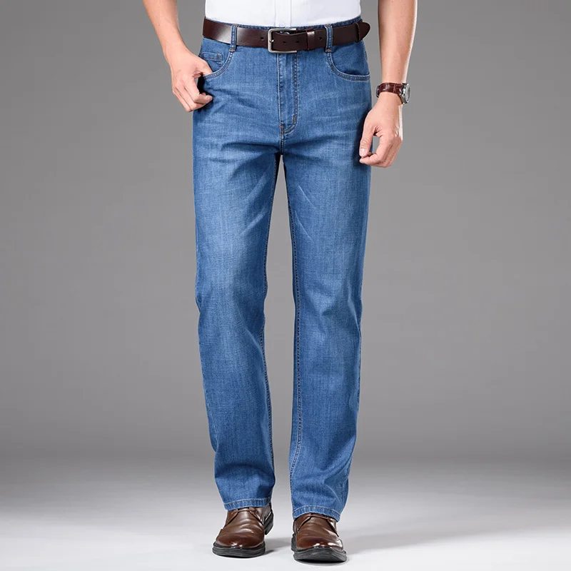 High Waistline Business Slim Jeans Fashion Casual Straight Cotton Elastic Big Size Brand Men Jean Men's Clothing Zipper | Мужская
