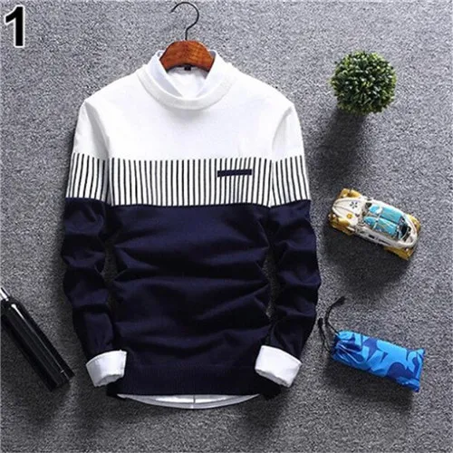Мужская Осенняя мода Повседневная полоса цветной блок Трикотаж Джемпер пуловер свитер - Цвет: 841 white