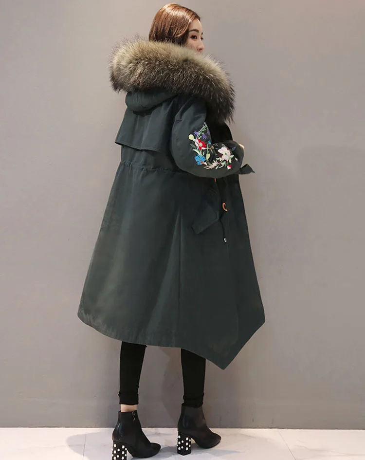 Черный/армейский зеленый длинный зимний Жакет женский 2019 вышивка большой меховой воротник с капюшоном пальто вниз хлопок теплый тонкий