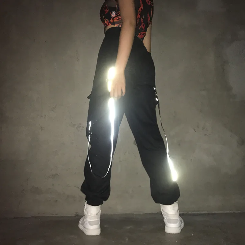 

NCLAGEN Street Fashion Cool Ladies Reflective Ribbons Patchwork Harem Pants Women High Waist Hip Hop Casual Cargo Trousers