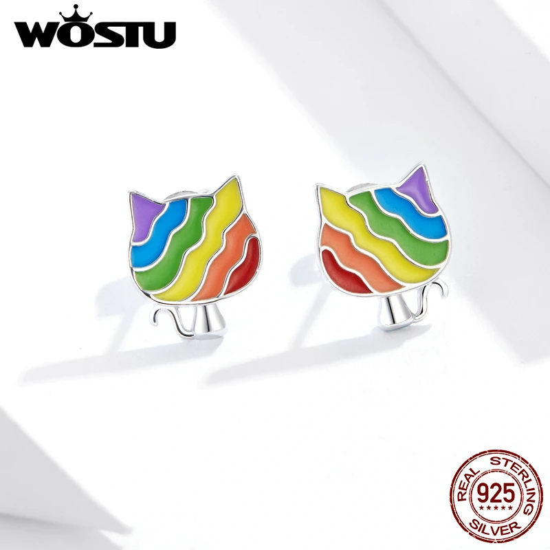WOSTU настоящее 925 пробы серебряные радужные серьги гвоздики с милым котом для