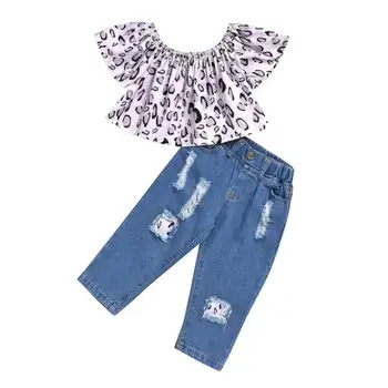 

2020 Summer Baby Girl Clothes Set Two Piece Leopard Blouse and Hole Denim Jeans Pants Sets for Months Babies Girls
