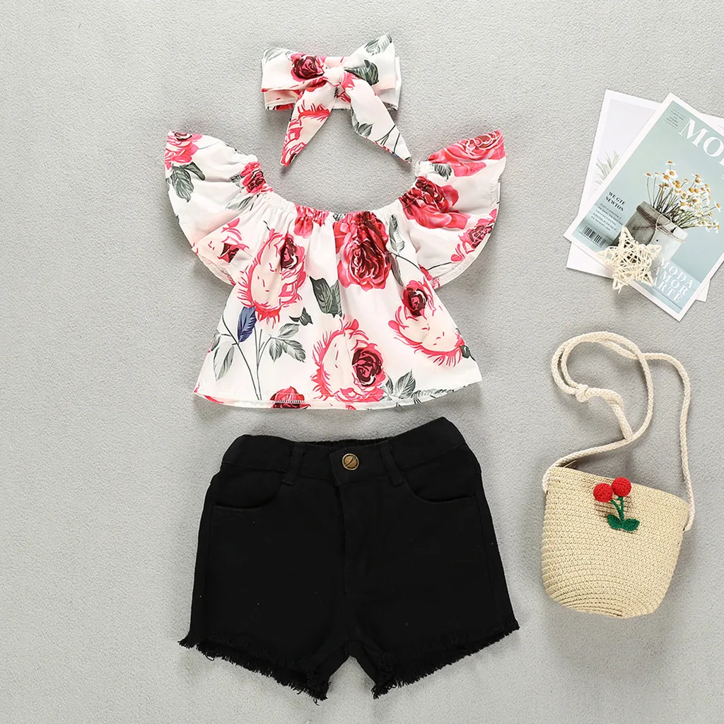 Летняя одежда для маленьких девочек Футболка с цветочным принтом и оборками Топы + повседневные шорты + костюм и ободок, Осенние комплекты