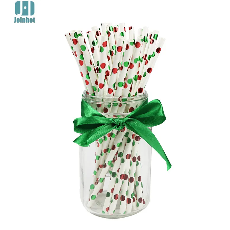 25pcs 25 шт./лот, Рождественская шапка Санты, Снежная звезда в горошек, зеленая красная бумага, соломинки для питья, креативные питьевые трубки, вечерние принадлежности для свадьбы - Цвет: 25pcs