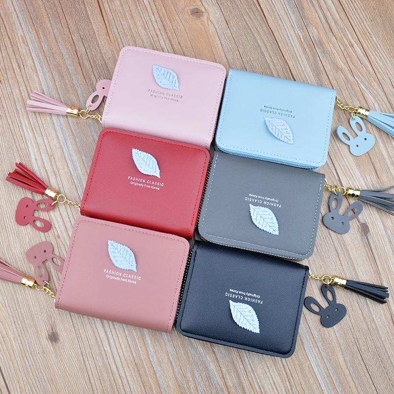 New women's wallet leather zipper tassel mini coin key case Korean student leaves simple small wallet