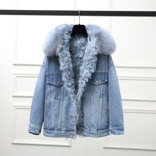 Blue Парки с подкладкой из натурального овечьего меха корейское зимнее джинсовое пальто женские Роскошные куртки с воротником из лисьего меха теплые шерстяные топы 0188 - Цвет: Blue