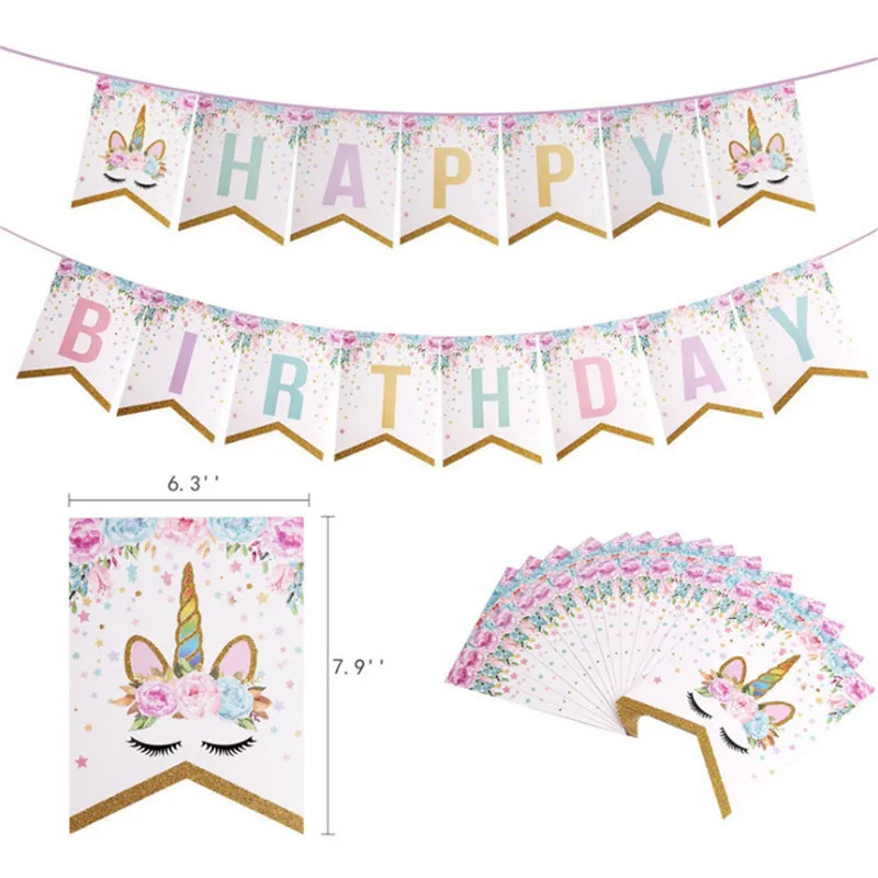 3Set Unicorn Banner Happy Birthday Letter Pull Flag Baby Shower Paper Flags Kids Birthday Decoration Unicorn Party Supplies