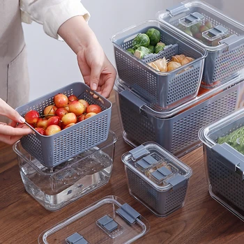 

Fruit Vegetable Drain Containers Kitchen Storage Box Plastic Fresh-Keeping Box Kitchen Organizer with Sealed Lid