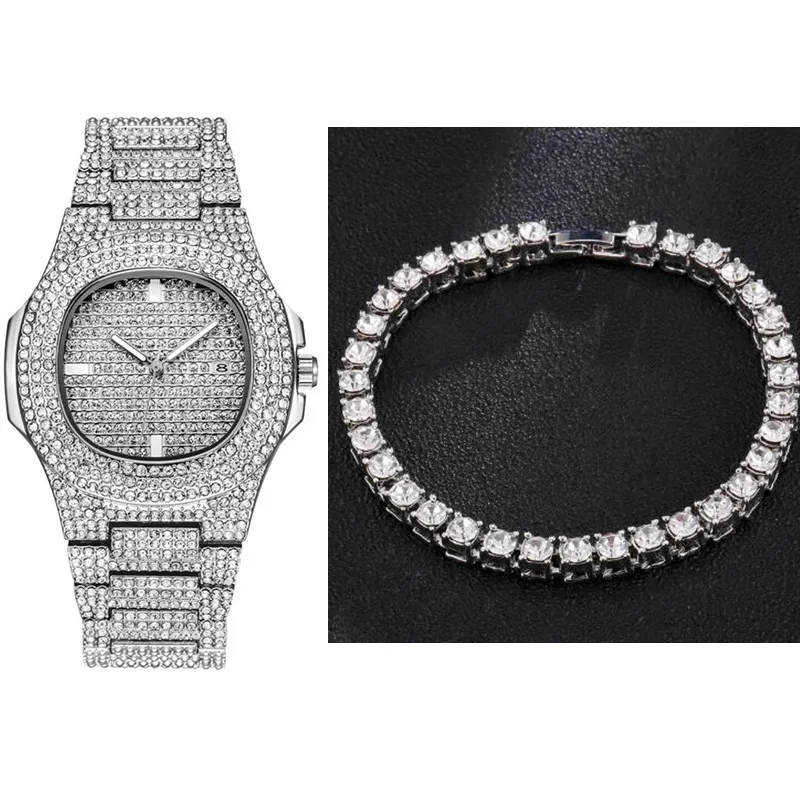 Silver Watch Braclt Хип-хоп мужское ожерелье s+ часы+ браслет стразы колье Bling Crystal теннисная цепочка на шею для мужчин ювелирные изделия - Окраска металла: Silver Watch Braclt