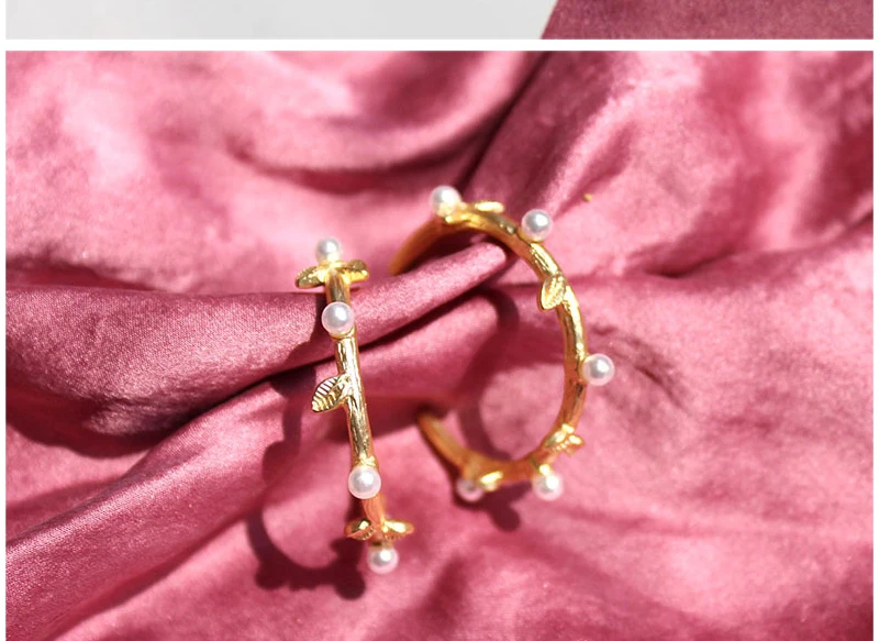 Silver Gold Color Metal Round Imitation Pearl C Shape Leaf Open Alloy Minimalist Hoop Earrings For Women Party Wedding Jewelry